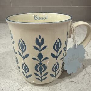BLESSED Blue And White 16oz Ceramic Mug Fiddle + Fern Faith Bible Verse NEW